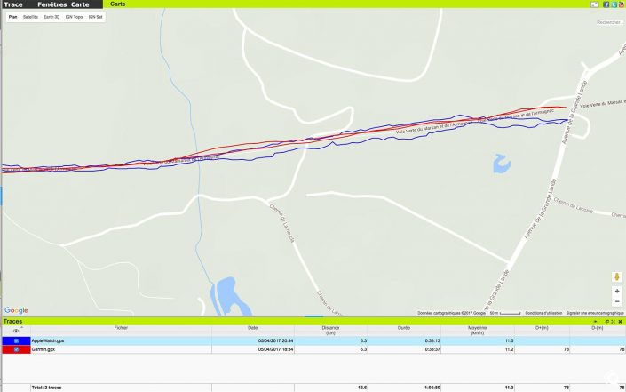 Comparaison de la trace GPS de la Garmin 220 et de l'Apple Watch Series 2