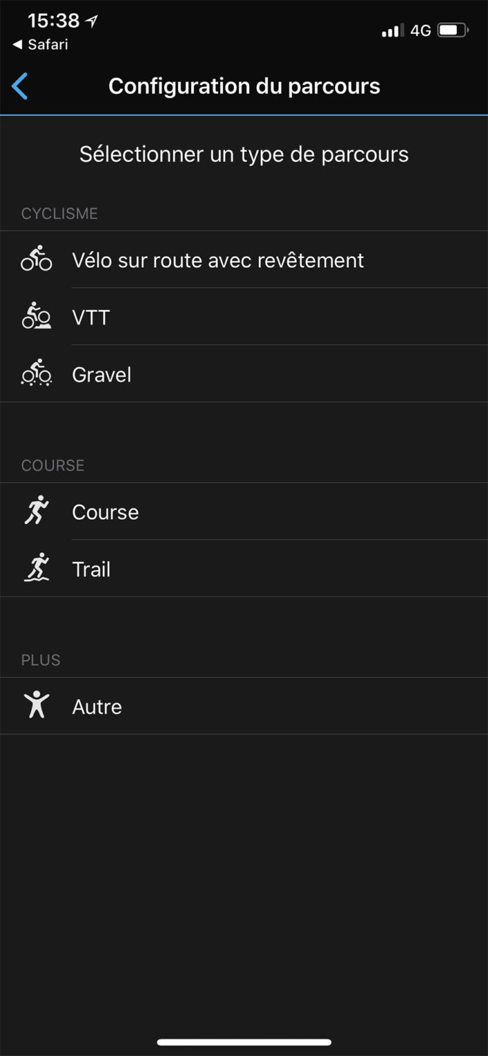 Sélectionner le type de parcours sur l'application Garmin Connect