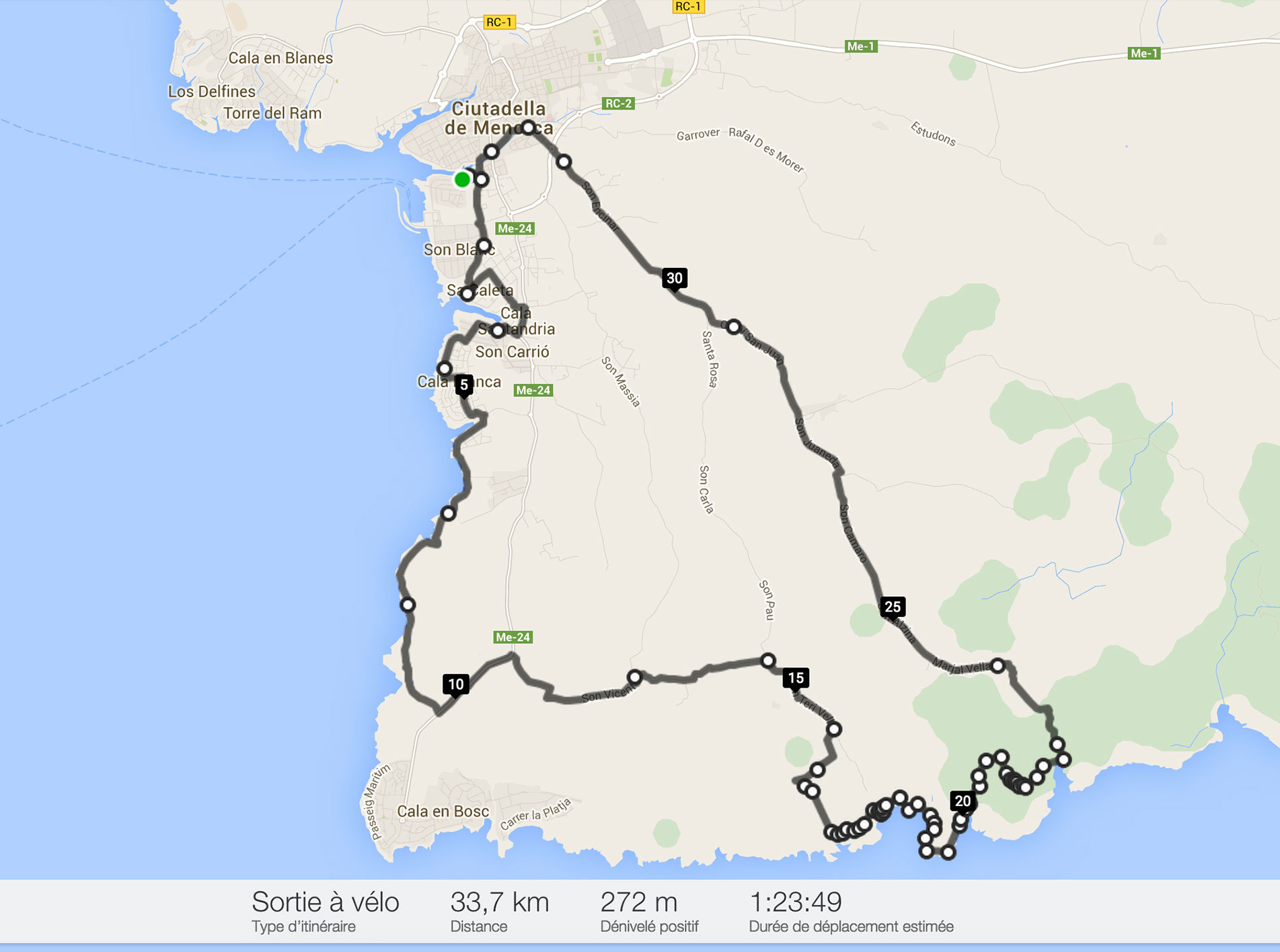 Notre itinéraire à vélo de Ciutadella à Es Talaier
