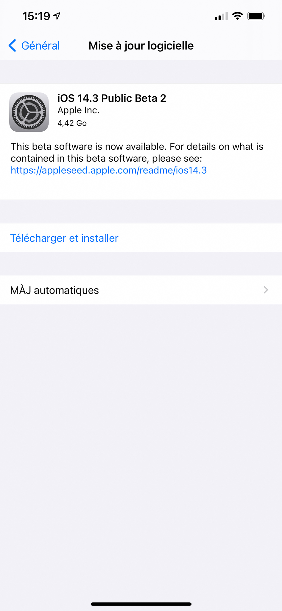 Installation de la beta 2 d'iOS 14.3